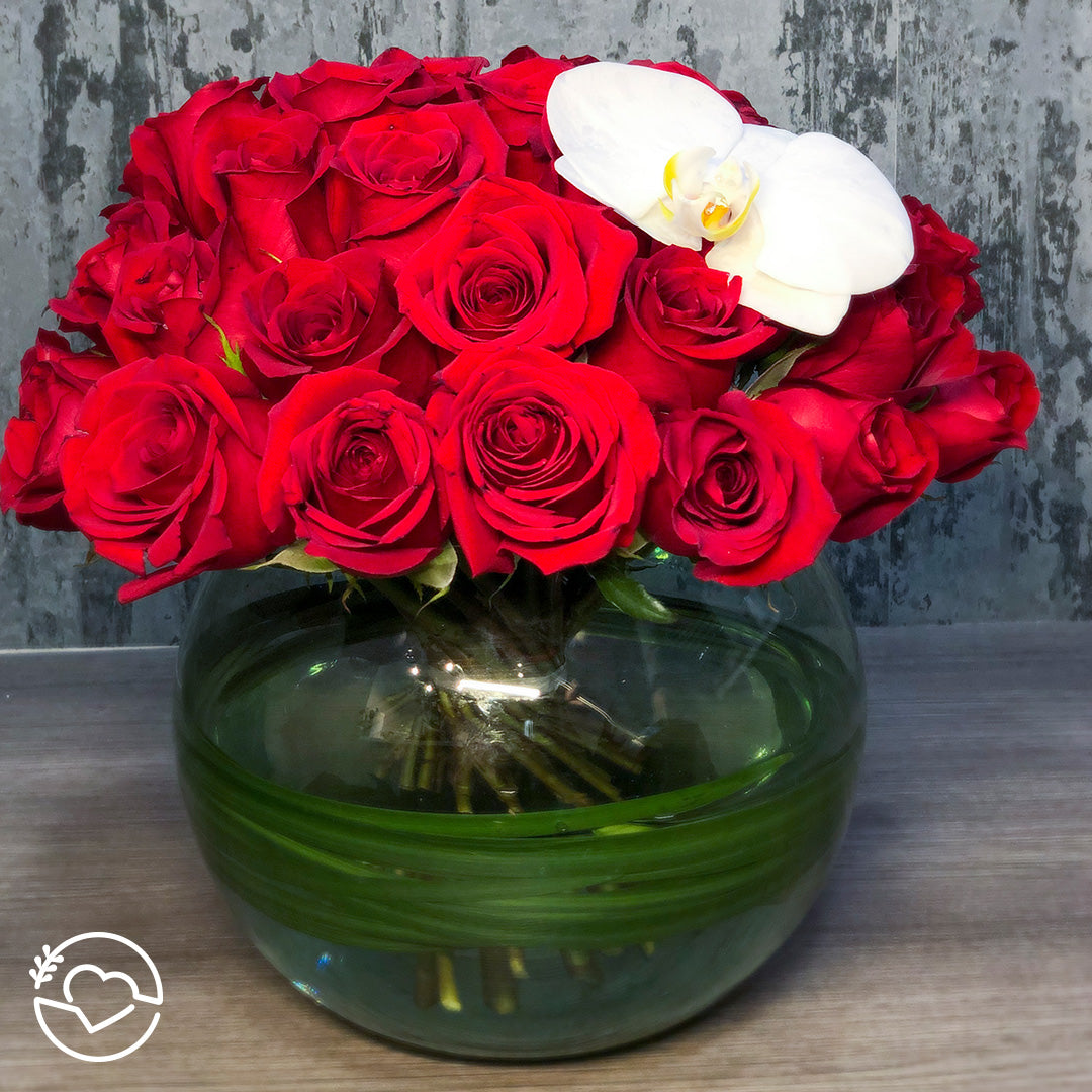 Pecera con 36 rosas rojas